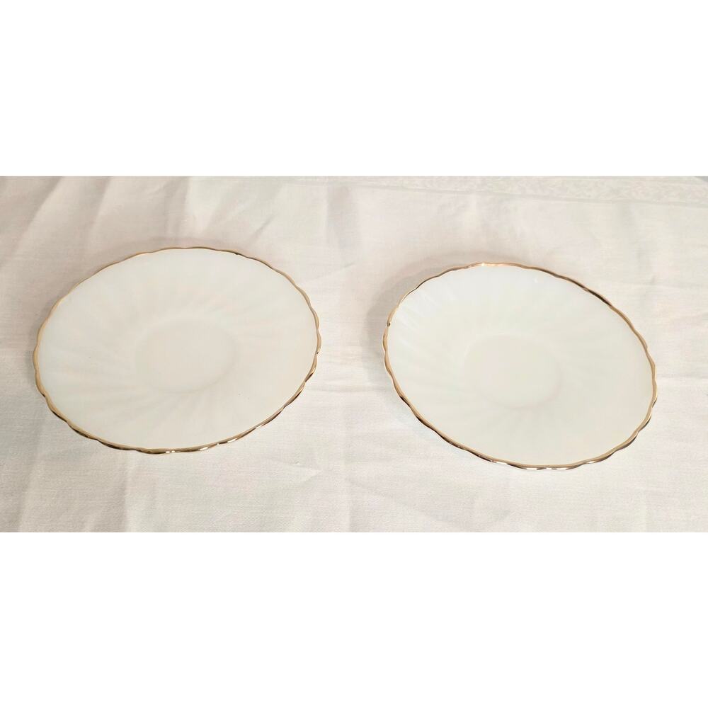 Pair of Anchor Hocking White Swirl Milk Glass Suburbia Saucers Gold Rims 6"